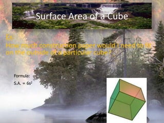 Surface Area of a CubeEx:How much construction paper would I need to fit on the outside of a particular cube?Formula:S.A. = 6s2