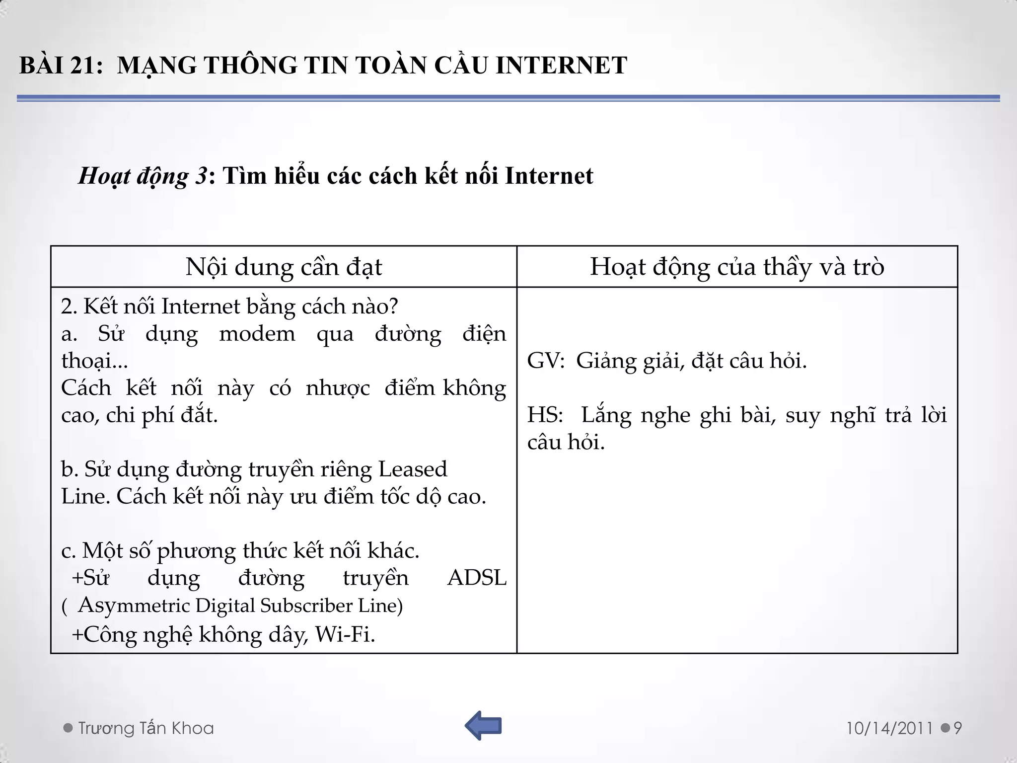 BÀI 21: MẠNG THÔNG TIN TOÀN CẦU INTERNET



   Hoạt động 3: Tìm hiểu các cách kết nối Internet


              Nội dung cần đạt                    Hoạt động của thầy và trò
  2. Kết nối Internet bằng cách nào?
  a. Sử dụng modem qua đường điện
  thoại...                                   GV: Giảng giải, đặt câu hỏi.
  Cách kết nối này có nhược điểm không
  cao, chi phí đắt.                          HS: Lắng nghe ghi bài, suy nghĩ trả lời
                                             câu hỏi.
  b. Sử dụng đường truyền riêng Leased
  Line. Cách kết nối này ưu điểm tốc dộ cao.

  c. Một số phương thức kết nối khác.
   +Sử     dụng     đường       truyền    ADSL
  ( Asymmetric Digital Subscriber Line)
   +Công nghệ không dây, Wi-Fi.



   Trương Tấn Khoa                                                        10/14/2011   9
 