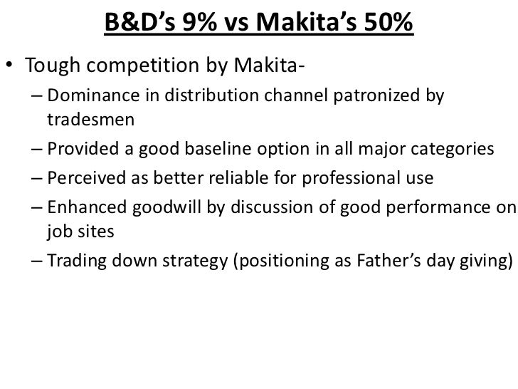 black and decker makita tradesmen impact buying behavior Black & decker 1105 words | 5 pages background black and decker (b&d) is a pioneer in portable power tools in 1991, it is a $5 billion in sales company with 29% of these sales coming from power tools and accessories. black and decker makita tradesmen impact buying behavior Black & decker 1105 words | 5 pages background black and decker (b&d) is a pioneer in portable power tools in 1991, it is a $5 billion in sales company with 29% of these sales coming from power tools and accessories.