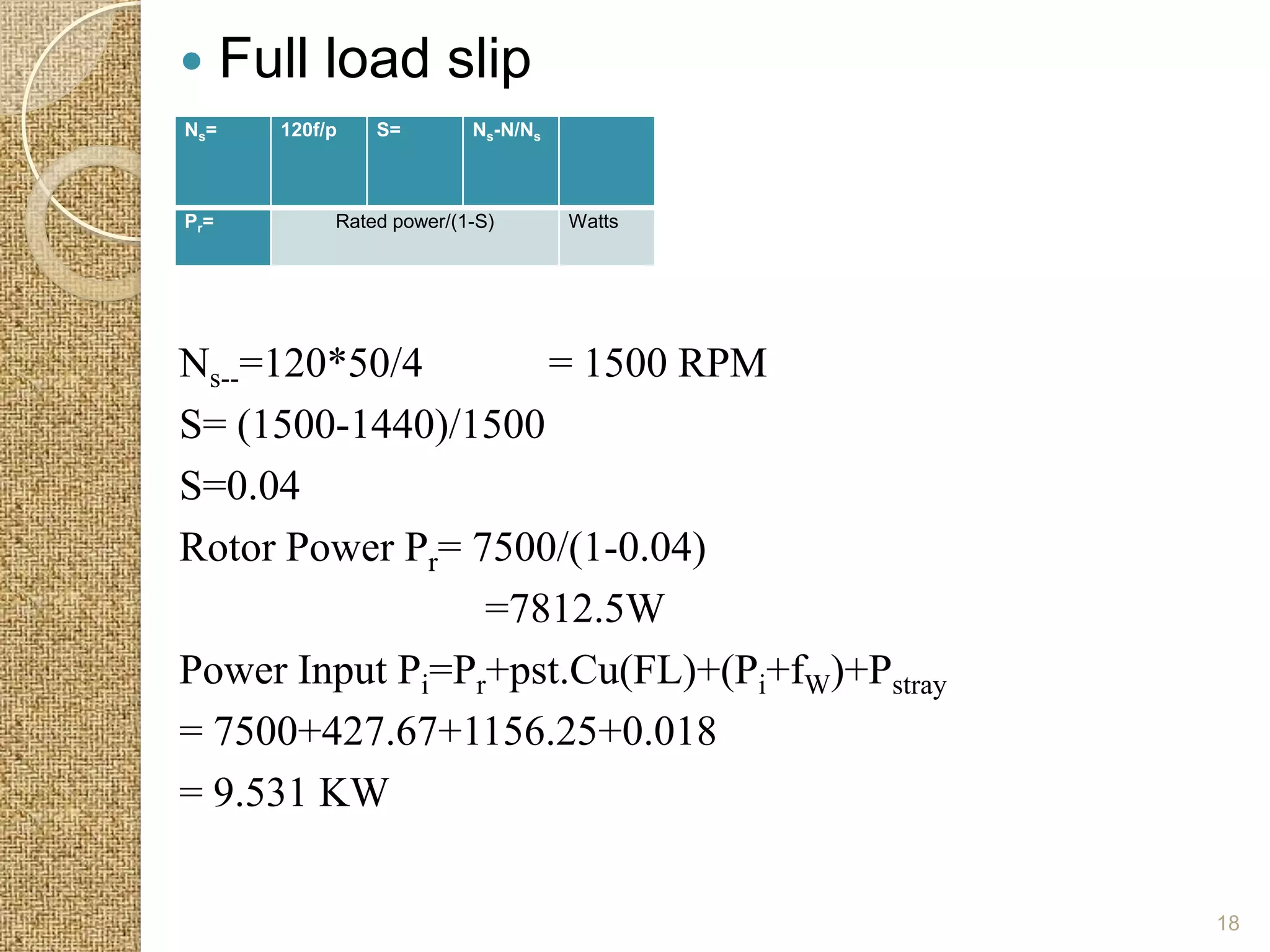      Full load slip
Ns=     120f/p   S=        Ns-N/Ns



Pr=          Rated power/(1-S)       Watts




Ns--=120*50/4       = 1500 RPM
S= (1500-1440)/1500
S=0.04
Rotor Power Pr= 7500/(1-0.04)
                 =7812.5W
Power Input Pi=Pr+pst.Cu(FL)+(Pi+fW)+Pstray
= 7500+427.67+1156.25+0.018
= 9.531 KW

                                              18
 