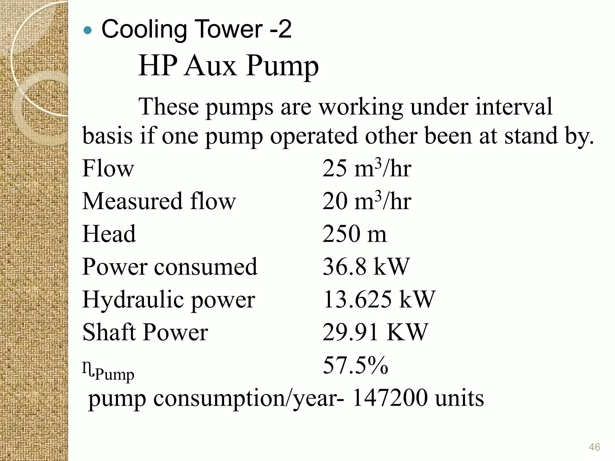    Cooling Tower -2
       HP Aux Pump
      These pumps are working under interval
basis if one pump operated other been at stand by.
Flow                   25 m3/hr
Measured flow          20 m3/hr
Head                   250 m
Power consumed         36.8 kW
Hydraulic power        13.625 kW
Shaft Power            29.91 KW
ɳPump                  57.5%
pump consumption/year- 147200 units
                                                 46
 