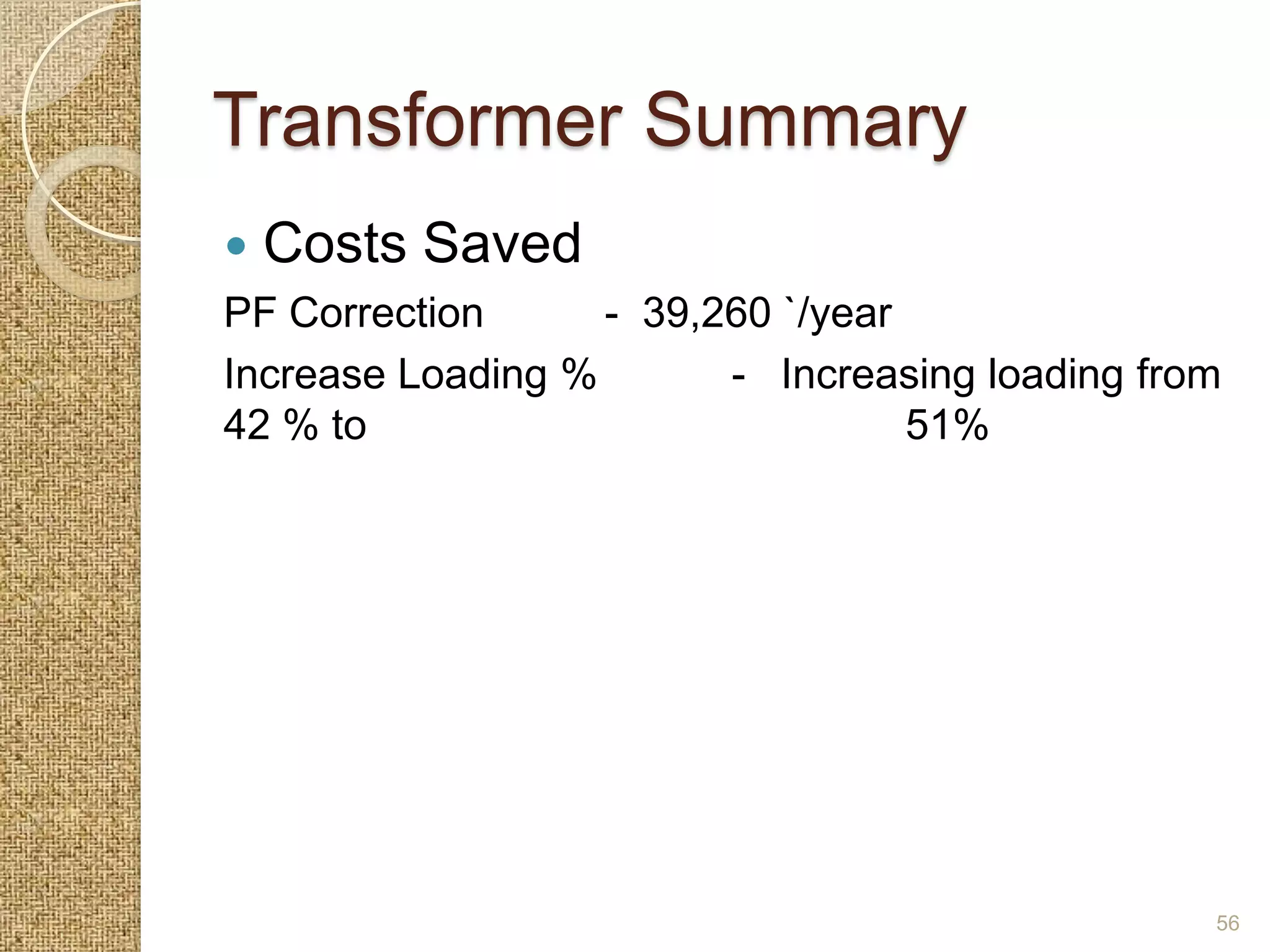 Transformer Summary
   Costs Saved
PF Correction      - 39,260 `/year
Increase Loading %       - Increasing loading from
42 % to                            51%




                                                 56
 