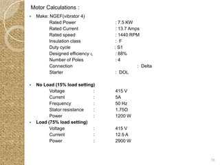 Motor Calculations :
   Make: NGEF(vibrator 4)
          Rated Power             : 7.5 KW
          Rated Current           : 13.7 Amps
          Rated speed             : 1440 RPM
          Insulation class        : F
          Duty cycle              : S1
          Designed efficiency ɳ   : 88%
          Number of Poles         :4
          Connection                        : Delta
          Starter                 : DOL

   No Load (15% load setting)
          Voltage            :    415 V
          Current            :    5A
          Frequency          :    50 Hz
          Stator resistance  :    1.75Ω
          Power              :    1200 W
   Load (75% load setting)
          Voltage            :    415 V
          Current            :    12.5 A
          Power              :    2900 W



                                                      16
 