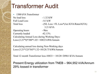 Transformer Audit
  1500 kVA Transformer
No load loss                - 1.32 KW
Full Load Loss              - 8.5 kW
Total loss                  - (NL Loss +FL Loss*(Act KVA/Rated KVA)
                               3.21 KVA
Operating hours             - 9hrs
Currently loaded            -42.13%
Calculating Annual Loss during Working Days:
Loss-(3.21*9)*300*1.85 =10833 kWh/Annum

Calculating annual loss during Non-Working days
Loss-(3.21*12)*365*1.32=10128.75 kWh/Annum

Total 12 month Transformer loss-10833 + 10128=20961 KVA/Annum

Present Energy utilization from TNEB – 964,952 kVA/Annum
29% lossed in transformer
                                                                      51
 