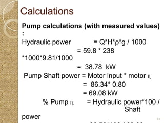 Calculations
Pump calculations (with measured values)
:
Hydraulic power       = Q*H*ρ*g / 1000
                = 59.8 * 238
*1000*9.81/1000
                = 38.78 kW
 Pump Shaft power = Motor input * motor ɳ
                  = 86.34* 0.80
                  = 69.08 kW
      % Pump ɳ      = Hydraulic power*100 /
                                Shaft
power                                     61
 