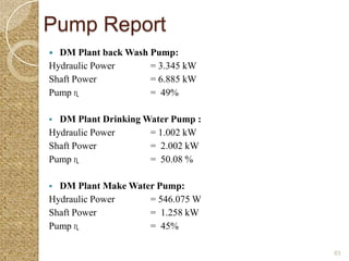 Pump Report
 DM Plant back Wash Pump:
Hydraulic Power      = 3.345 kW
Shaft Power          = 6.885 kW
Pump ɳ               = 49%

 DM Plant Drinking Water Pump :
Hydraulic Power      = 1.002 kW
Shaft Power          = 2.002 kW
Pump ɳ               = 50.08 %

 DM Plant Make Water Pump:
Hydraulic Power     = 546.075 W
Shaft Power         = 1.258 kW
Pump ɳ              = 45%

                                   63
 