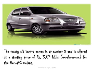 The trusty old Santro comes in at number 5 and is offered
at a starting price of Rs. 3.07 lakhs (ex-showroom) for
the Non-AC variant.
                       manindar kr. nayak -- kiams
 