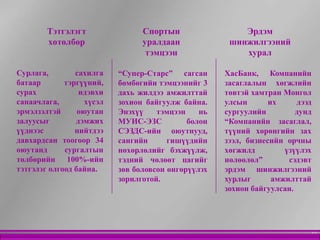 Тэтгэлэгт                Спортын                 Эрдэм
        хөтөлбөр                 уралдаан             шинжилгээний
                                  тэмцээн                хурал

Сурлага,        сахилга    “Супер-Старс” сагсан      ХасБанк, Компанийн
батаар       тэргүүний,    бөмбөгийн тэмцээнийг 3    засаглалын хөгжлийн
сурах            идэвхи    дахь жилдээ амжилттай     төвтэй хамтран Монгол
санаачлага,        хүсэл   зохион байгуулж байна.    улсын       их     дээд
эрмэлзэлтэй      оюутан    Энэхүү    тэмцээн    нь   сургуулийн         дунд
залуусыг        дэмжих     МУИС-ЭЗС          болон   “Компанийн засаглал,
үүднээс         нийтдээ    СЭЗДС-ийн оюутнууд,       түүний хөрөнгийн зах
давхардсан тоогоор 34      сангийн      гишүүдийн    зээл, бизнесийн орчны
оюутанд      сургалтын     нөхөрлөлийг бэхжүүлж,     хөгжилд         үзүүлэх
төлбөрийн 100%-ийн         тэдний чөлөөт цагийг      нөлөөлөл”        сэдэвт
тэтгэлэг олгоод байна.     зөв боловсон өнгөрүүлэх   эрдэм шинжилгээний
                           зорилготой.               хурлыг       амжилттай
                                                     зохион байгуулсан.




                                                                           10
 