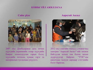 БУЯНЫ ҮЙЛ АЖИЛЛАГАА


          Сайн үйлс                          Аарцтай Аялал




2007 онд Дамбадаржаа дахь өнчин     2012 онд сангийн гишүүд дэмжигчид
хүүхдийн асрамжийн газар хүүхдийн   хамтран “Аарцтай Аялал”-ийг зохион
баярыг тохиолдуулан гарын бэлэг,    байгуулж хотын төв болон захын
хүүхдийн тоглоом, хувцас зэрэг эд   дүүргүүдээр    байрлах   “ТҮК”-ны
материалын туслалцаа үзүүллээ.      ажилчдад халуун аарцаар сэтгэлийн
                                    бэлэг барилаа.

                                                                         11
 
