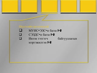 Шүүгчдийн үрэлдэхүүнд:
      МУИС-ЭЗС-н багш 1-2
      СЭЗДС-н багш 1-2
      Ивээн тэтгэгч    байгууллагын
       мэргэжилтэн 1-2
 