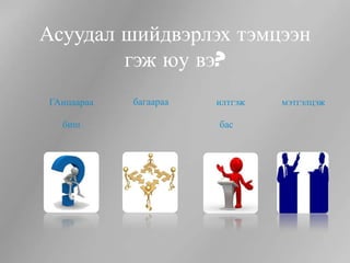 Асуудал шийдвэрлэх тэмцээн
        гэж юу вэ?
ГАнцаараа   багаараа   илтгэж   мэтгэлцэж

  биш                  бас
 