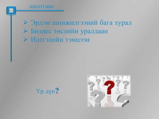 шалтгаан

 Эрдэм шинжилгээний бага хурал
 Бизнес төслийн уралдаан
 Илтгэлийн тэмцээн




   Үр дүн?
 