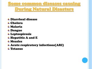 Some common diseases causing
During Natural Disasters
Diarrheal disease
Cholera
Malaria
Dengue
Leptospirosis
Hepatitis A and E
Measles
Acute respiratory infections(ARI)
Tetanus

 