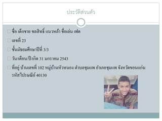 ประวัติส่วȨัว
ชื่อ เด็กชาย ชลสิทธิ์ แนวหล้า ชื่อเล่น เฟด
เลขที่ 23
ชั้นมัธยมศึกษาปีที่ 3/3
วัน/เดือน/ปี/เกิด 31 มกราคม 2543
ที่อยู่ บ้านเลขที่ 102 หมู่บ้านหัวหนอง ตาบลชุมแพ อาเภอชุมแพ จังหวัดขอนแก่น
รหัสไปรษณีย์40130
 