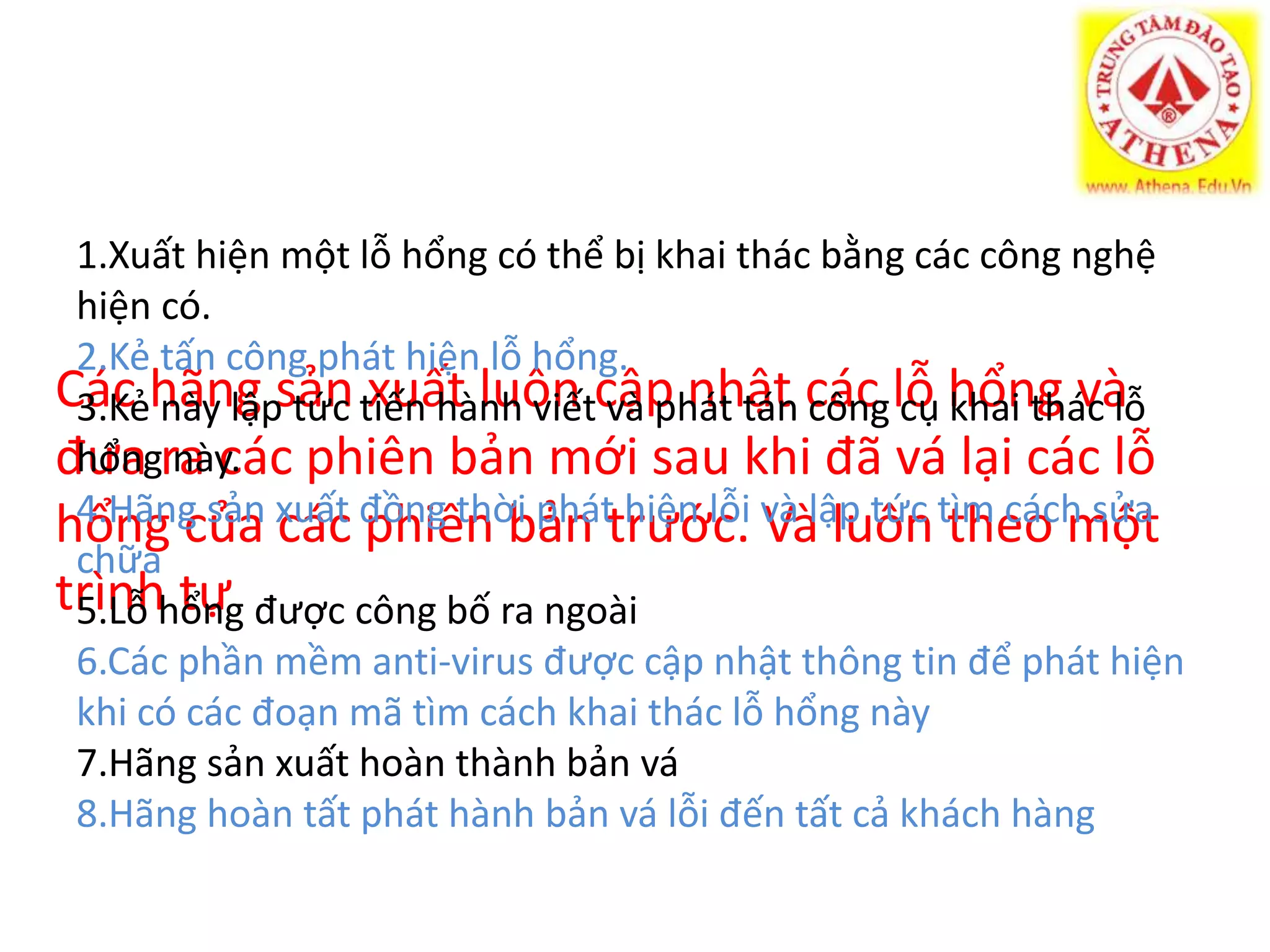1.Xuất hiện một lỗ hổng có thể bị khai thác bằng các công nghệ 
hiện có. 
2.Kẻ tấn công phát hiện lỗ hổng. 
3.Kẻ này lập tức tiến hành viết và phát tán công cụ khai thác lỗ 
hổng này. 
4.Hãng sản xuất đồng thời phát hiện lỗi và lập tức tìm cách sửa 
chữa 
5.Lỗ hổng được công bố ra ngoài 
6.Các phần mềm anti-virus được cập nhật thông tin để phát hiện 
khi có các đoạn mã tìm cách khai thác lỗ hổng này 
7.Hãng sản xuất hoàn thành bản vá 
8.Hãng hoàn tất phát hành bản vá lỗi đến tất cả khách hàng 
Các hãng sản xuất luôn cập nhật các lỗ hổng và 
đưa ra các phiên bản mới sau khi đã vá lại các lỗ 
hổng của các phiên bản trước. Và luôn theo một 
trình tự 
 