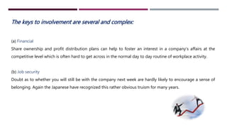 The keys to involvement are several and complex: 
(a) Financial 
Share ownership and profit distribution plans can help to foster an interest in a company’s affairs at the 
competitive level which is often hard to get across in the normal day to day routine of workplace activity. 
(b) Job security 
Doubt as to whether you will still be with the company next week are hardly likely to encourage a sense of 
belonging. Again the Japanese have recognized this rather obvious truism for many years. 
 