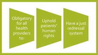 Obligatory 
for all 
health 
providers 
to: 
Uphold 
patients’ 
human 
rights 
Have a just 
redressal 
system 
 