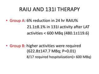 RAIU AND 131I THERAPY 
• Group A: 6% reduction in 24 hr RAIU% 
21.1±8.1% in 131I activity after LAT 
activities < 600 MBq (480.1±119.6) 
• Group B: higher activities were required 
(622.8±147.7 MBq; P=0.01) 
8/17 required hospitalization(> 600 MBq) 
 