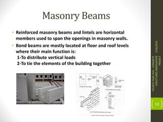 Masonry Beams
• Reinforced masonry beams and lintels are horizontal
members used to span the openings in masonry walls.
• Bond beams are mostly located at floor and roof levels
where their main function is:
1-To distribute vertical loads
2-To tie the elements of the building together
2/26/2015
FOURTHYEARCIVIL-CONCRETE
STRUCTURESGRADUATION
PROJECT
13
 