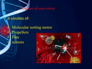 Structure of nano robots
It consists of:
• Molecular sorting motor
• Propellers
• Fins
• sensors
 