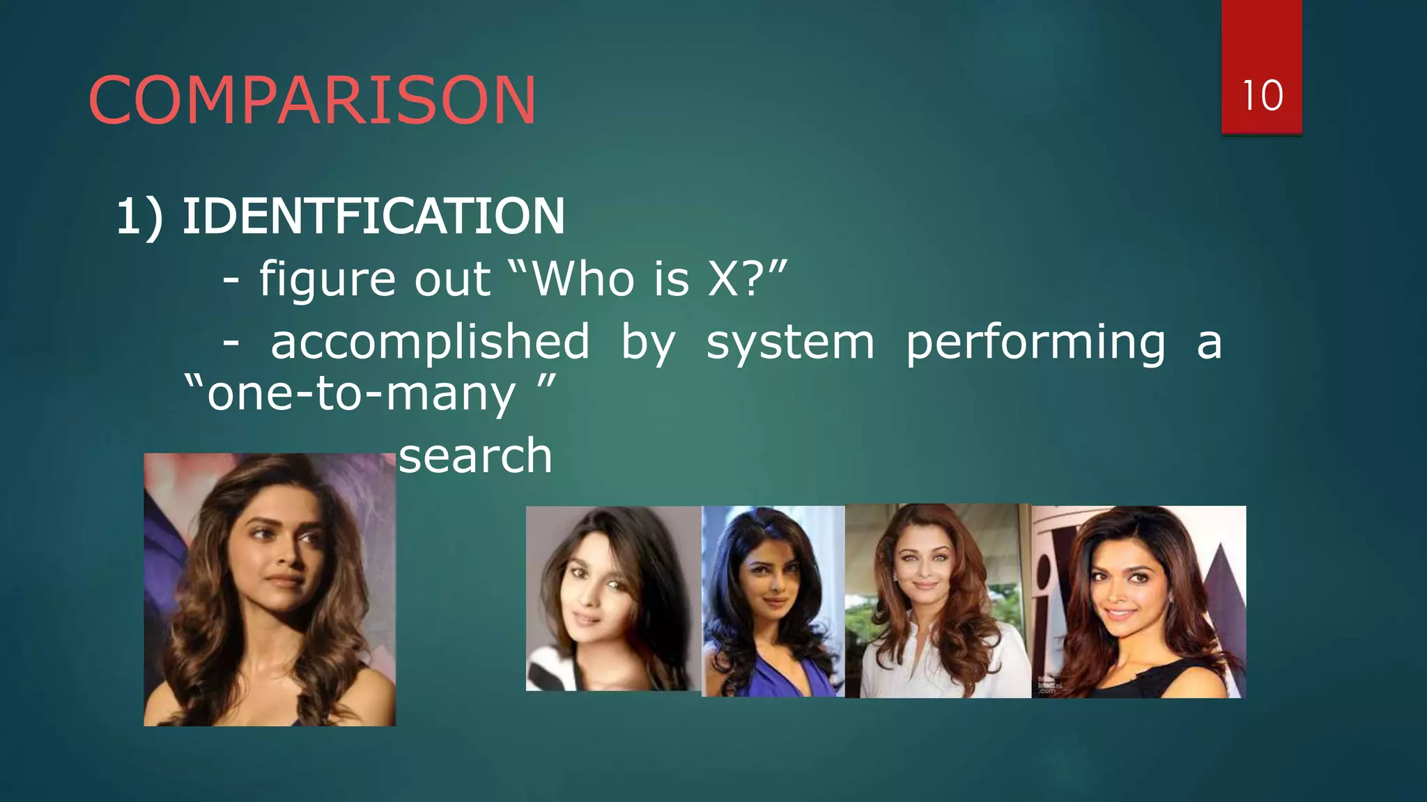 COMPARISON
1) IDENTFICATION
- figure out “Who is X?”
- accomplished by system performing a
“one-to-many ”
search
10
 
