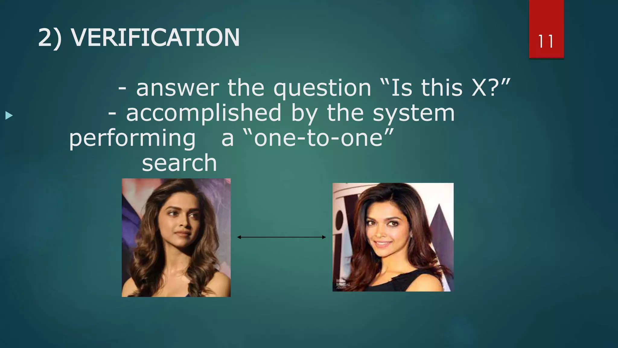 2) VERIFICATION
- answer the question “Is this X?”
- accomplished by the system
performing a “one-to-one”
search
11

 