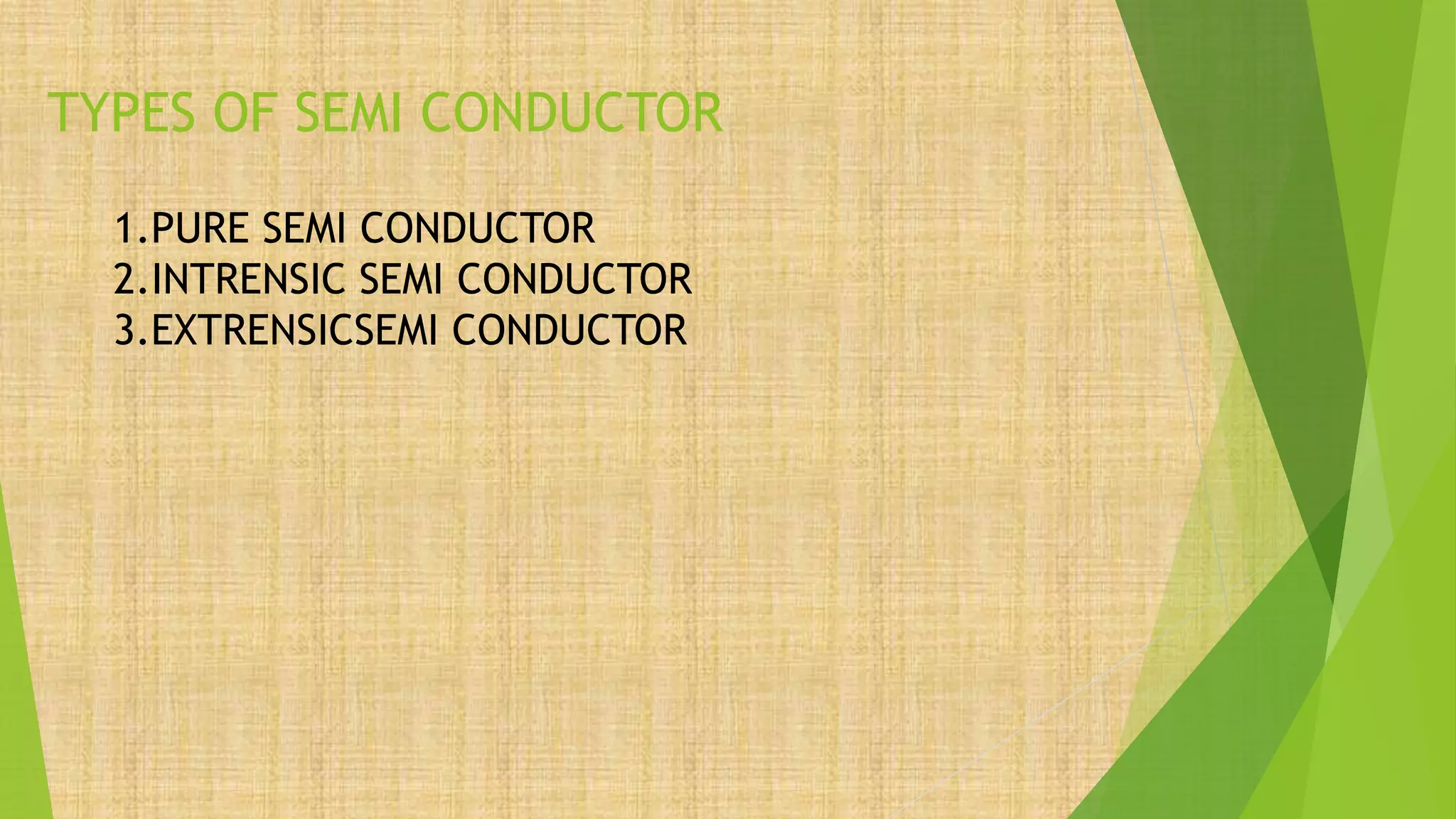 TYPES OF SEMI CONDUCTOR
1.PURE SEMI CONDUCTOR
2.INTRENSIC SEMI CONDUCTOR
3.EXTRENSICSEMI CONDUCTOR
 