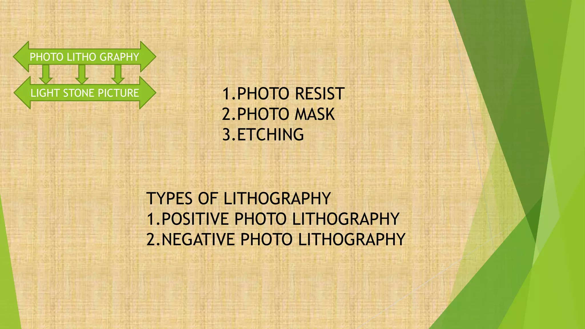 PHOTO LITHO GRAPHY
LIGHT STONE PICTURE 1.PHOTO RESIST
2.PHOTO MASK
3.ETCHING
TYPES OF LITHOGRAPHY
1.POSITIVE PHOTO LITHOGRAPHY
2.NEGATIVE PHOTO LITHOGRAPHY
 