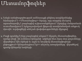  Էշերի ստեղծագործության ամենաաչքի ընկնող ասպեկտներից
համարվում է <<Մետամորֆոզ>> նկարը, որը տարբեր ձեւերով
արտահայտվել է բազմաթիվ աշխատանքներում: Նկարիչը մանրամասն
ուսումնասիրում է երկրաչափական ֆիգուռի աստիճանական անցումյ
մյուսին՝ ուրվագծերի աննշան փոփոխությունների միջոցով:
 Բացի դրանից Էշերը բազմաթիվ անգամ է նկարել մետամորֆոզներ,
որոնք տեղի ՝ին ունենում կենդանի ՝ակների հետ (նրա մոտ թռչունները
վերածվում էին ձկների եւ այլն) եւ նույնիսկ մետամորֆոզների
ընթացքում<<կենդանացնում էր>> անշունչ առարկաները՝ վերածելով
դրանք կենդանի եակների:
Մետամորֆոզներ
 