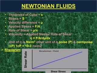 NEWTONIAN FLUIDS
• Thickness of Cube = x
• Stress = S
• Velocity difference = µ
• Applied Stress = F/A
• Rate of Shear = µ/x
• Viscosity = Applied Stress/ Rate of Shear
η = F/A/dµ/dx
• Unit of η is Ns/m2 other unit of η poise (P) & centipoise
(cP) 1cP = 10-3 ns/m2
 Rheogram
ShearRate
Shear Stress
 
