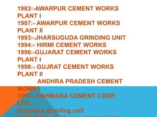 1983:-AWARPUR CEMENT WORKS
PLANT I
1987:- AWARPUR CEMENT WORKS
PLANT II
1993:-JHARSUGUDA GRINDING UNIT
1994:- HIRMI CEMENT WORKS
1996:-GUJARAT CEMENT WORKS
PLANT I
1998:- GUJRAT CEMENT WORKS
PLANT II
ANDHRA PRADESH CEMENT
WORKS
1999:- NARMADA CEMENT CORP.
LTD.
Durgapur grinding unit
 