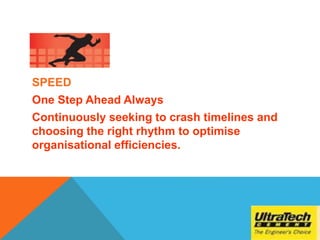 SPEED
One Step Ahead Always
Continuously seeking to crash timelines and
choosing the right rhythm to optimise
organisational efficiencies.
 