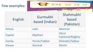 English
Gurmukhi
based (Indian)
Shahmukhi
based
(Pakistan)
Article Lekh Mazmūn
Capital Rājdhānī
Dārul
hakūmat/Rājghar
Family Parvār/Tabbar Khāndān/Tabbar
Viewer Darshak Nāzrīn
Few examples:
 