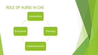 ROLE OF NURSE IN CNE
Assessment
Planning
Implementation
Evaluation
 