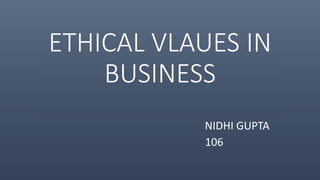 ETHICAL VLAUES IN
BUSINESS
NIDHI GUPTA
106
 