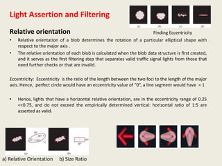 Light Assertion and Filtering
Relative orientation
• Relative orientation of a blob determines the rotation of a particular elliptical shape with
respect to the major axis .
• The relative orientation of each blob is calculated when the blob data structure is ﬁrst created,
and it serves as the ﬁrst ﬁltering step that separates valid trafﬁc signal lights from those that
need further checks or that are invalid.
Eccentricity: Eccentricity is the ratio of the length between the two foci to the length of the major
axis. Hence, perfect circle would have an eccentricity value of “0”, a line segment would have = 1
• Hence, lights that have a horizontal relative orientation, are in the eccentricity range of 0.25
<<0.75, and do not exceed the empirically determined vertical: horizontal ratio of 1:5 are
asserted as valid.
a) Relative Orientation b) Size Ratio
Finding Eccentricity
 