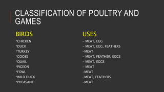 CLASSIFICATION OF POULTRY AND
GAMES
BIRDS
*CHICKEN
*DUCK
*TURKEY
*GOOSE
*QUAIL
*PIGEON
*FOWL
*WILD DUCK
*PHEASANT
USES
- M...
