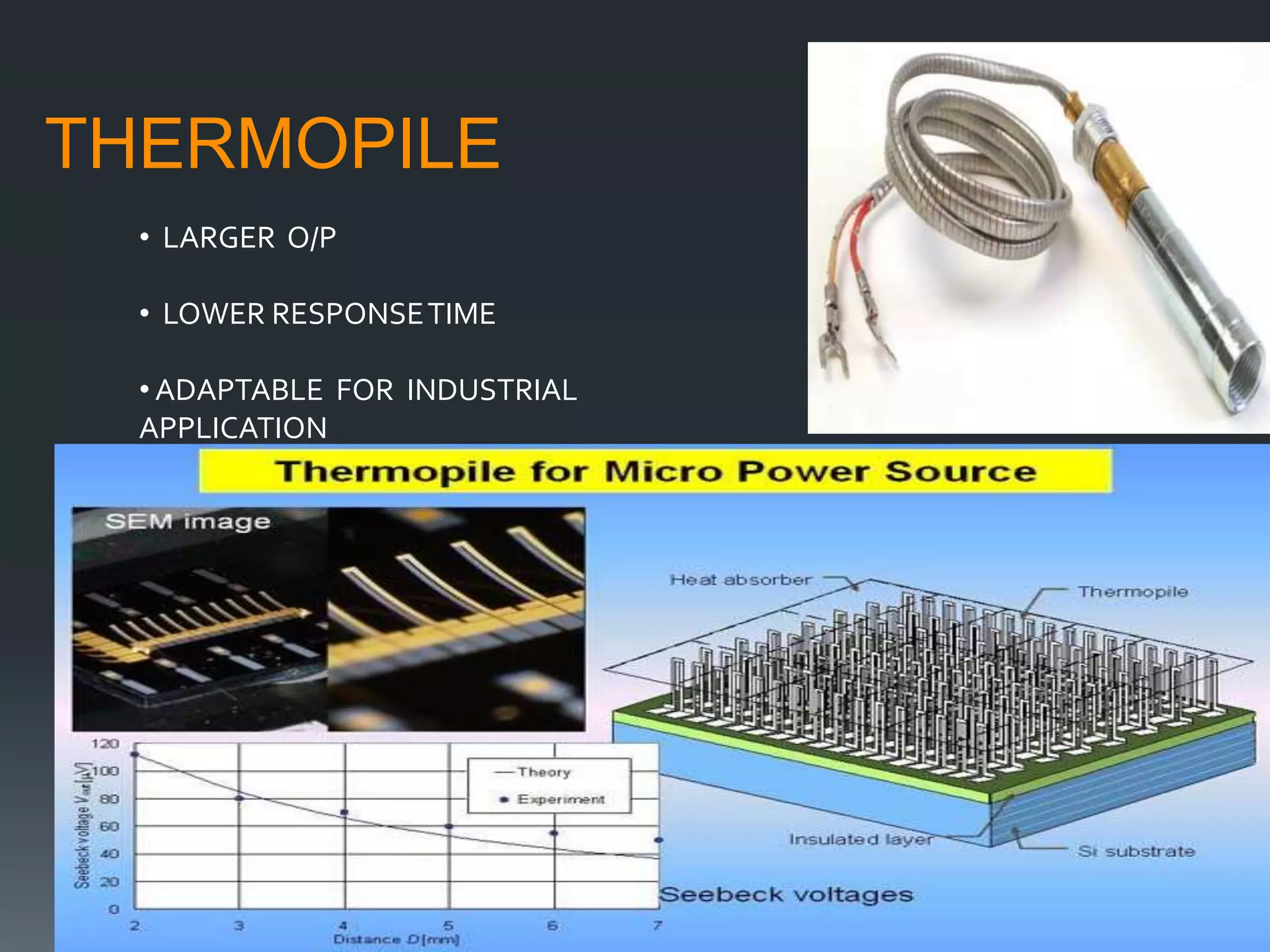 THERMOPILE
• LARGER O/P
• LOWER RESPONSETIME
• ADAPTABLE FOR INDUSTRIAL
APPLICATION
 