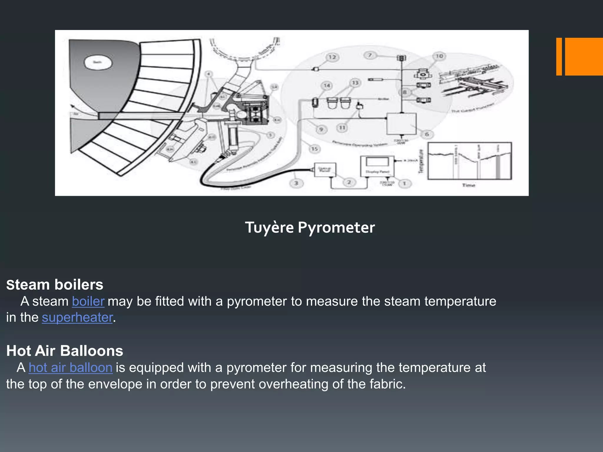 Tuyère Pyrometer
Steam boilers
A steam boiler may be fitted with a pyrometer to measure the steam temperature
in the superheater.
Hot Air Balloons
A hot air balloon is equipped with a pyrometer for measuring the temperature at
the top of the envelope in order to prevent overheating of the fabric.
 