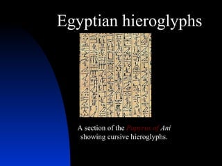 Egyptian hieroglyphs
A section of the Papyrus of Ani
showing cursive hieroglyphs.
 