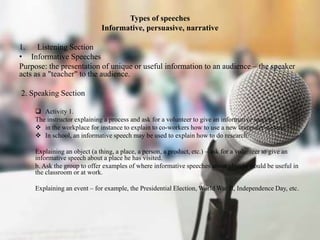Types of speeches
Informative, persuasive, narrative
1. Listening Section
• Informative Speeches
Purpose: the presentation...