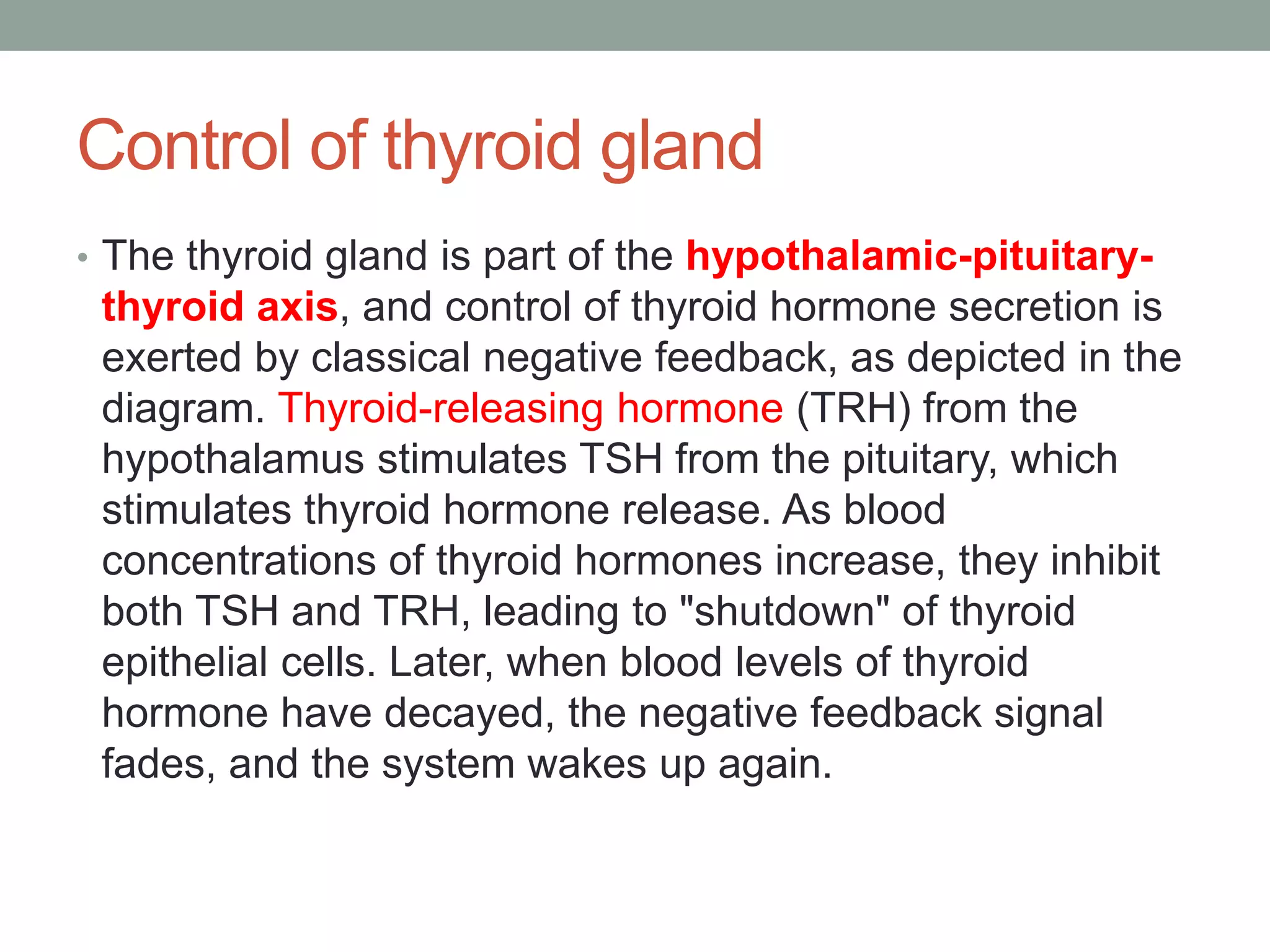 Control of thyroid gland
• The thyroid gland is part of the hypothalamic-pituitary-
thyroid axis, and control of thyroid hormone secretion is
exerted by classical negative feedback, as depicted in the
diagram. Thyroid-releasing hormone (TRH) from the
hypothalamus stimulates TSH from the pituitary, which
stimulates thyroid hormone release. As blood
concentrations of thyroid hormones increase, they inhibit
both TSH and TRH, leading to "shutdown" of thyroid
epithelial cells. Later, when blood levels of thyroid
hormone have decayed, the negative feedback signal
fades, and the system wakes up again.
 