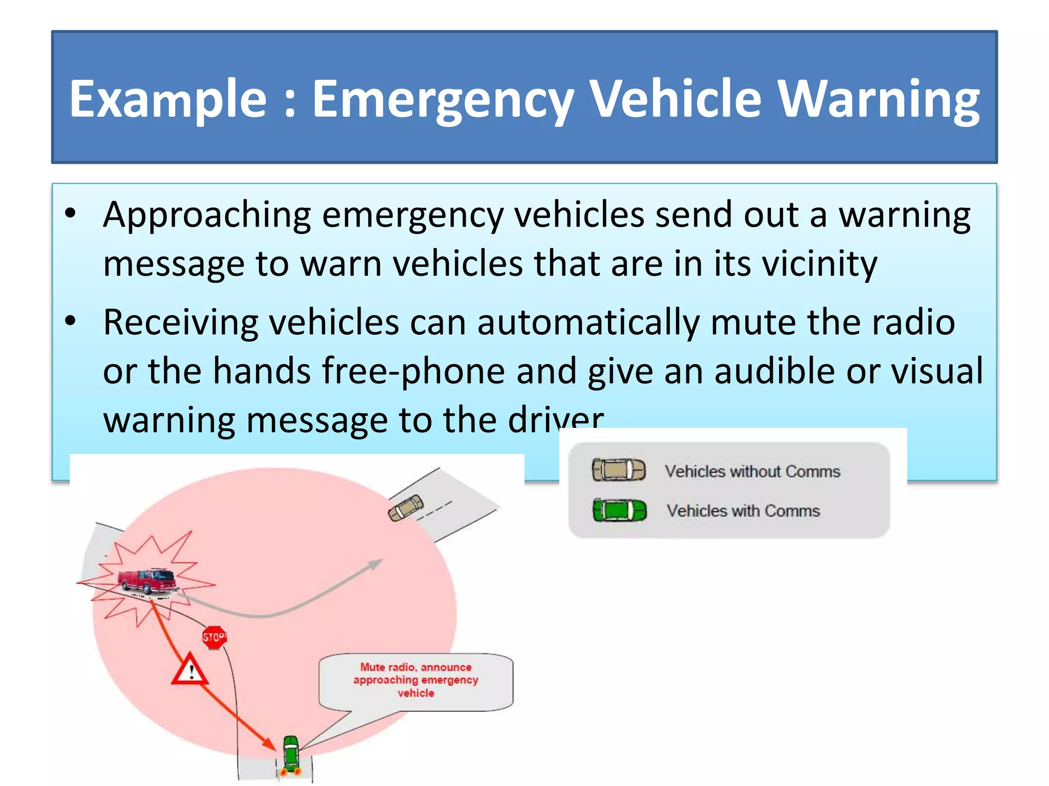 Example : Emergency Vehicle Warning
• Approaching emergency vehicles send out a warning
message to warn vehicles that are in its vicinity
• Receiving vehicles can automatically mute the radio
or the hands free-phone and give an audible or visual
warning message to the driver
 