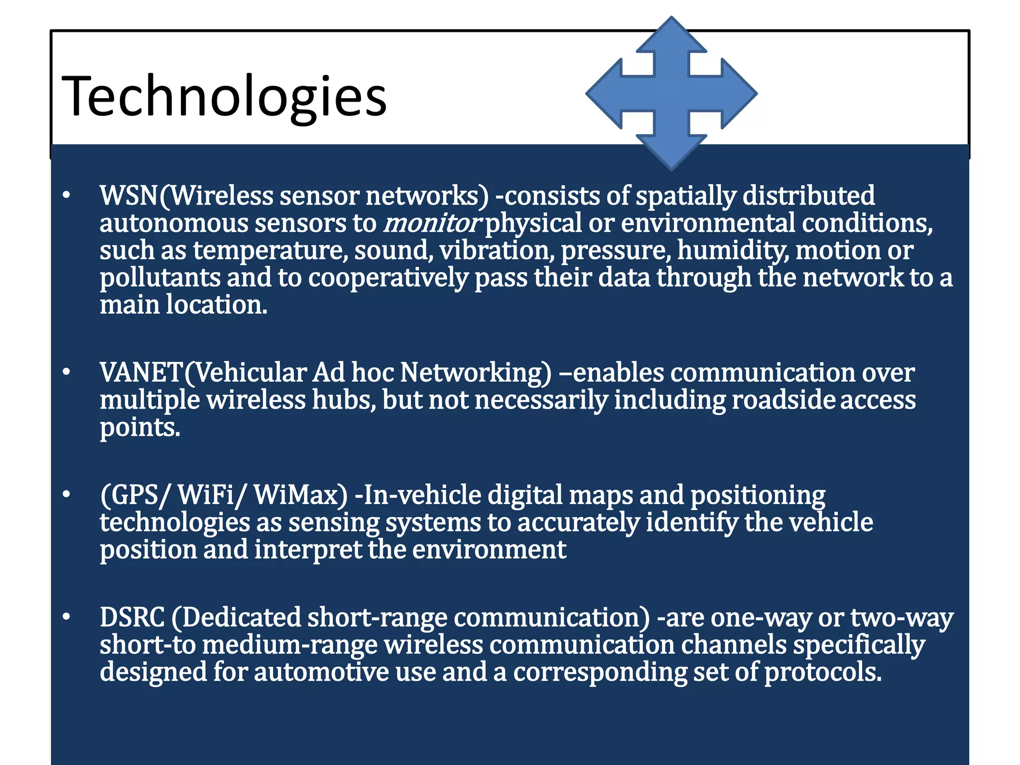 Technologies
• WSN(Wireless sensor networks) -consists of spatially distributed
autonomous sensors to monitor physical or environmental conditions,
such as temperature, sound, vibration, pressure, humidity, motion or
pollutants and to cooperatively pass their data through the network to a
main location.
• VANET(Vehicular Ad hoc Networking) –enables communication over
multiple wireless hubs, but not necessarily including roadsideaccess
points.
• (GPS/ WiFi/ WiMax) -In-vehicle digital maps and positioning
technologies as sensing systems to accurately identify the vehicle
position and interpret the environment
• DSRC (Dedicated short-range communication) -are one-way or two-way
short-to medium-range wireless communication channels specifically
designed for automotive use and a corresponding set of protocols.
 