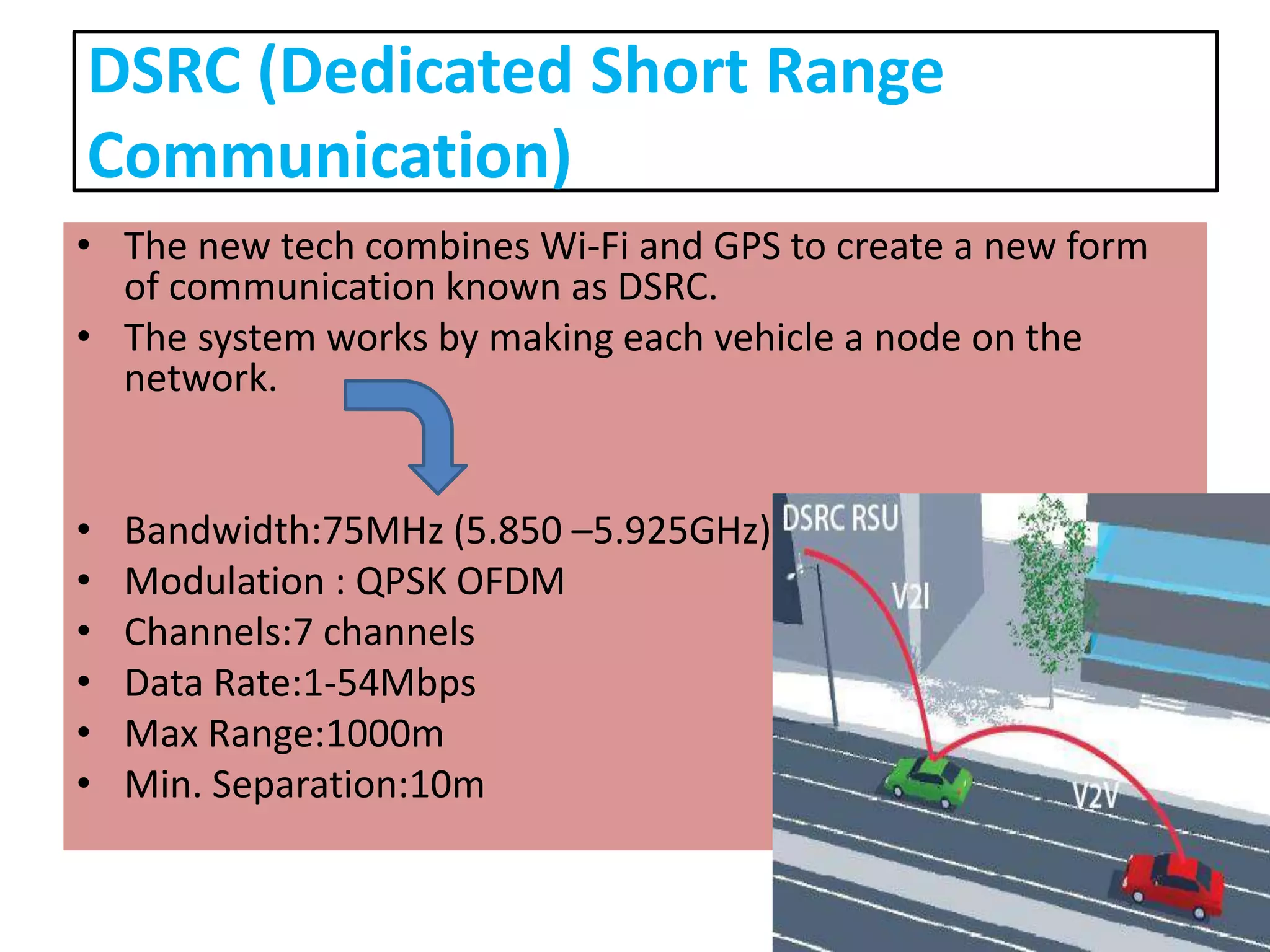 DSRC (Dedicated Short Range
Communication)
• The new tech combines Wi-Fi and GPS to create a new form
of communication known as DSRC.
• The system works by making each vehicle a node on the
network.
• Bandwidth:75MHz (5.850 –5.925GHz)
• Modulation : QPSK OFDM
• Channels:7 channels
• Data Rate:1-54Mbps
• Max Range:1000m
• Min. Separation:10m
 