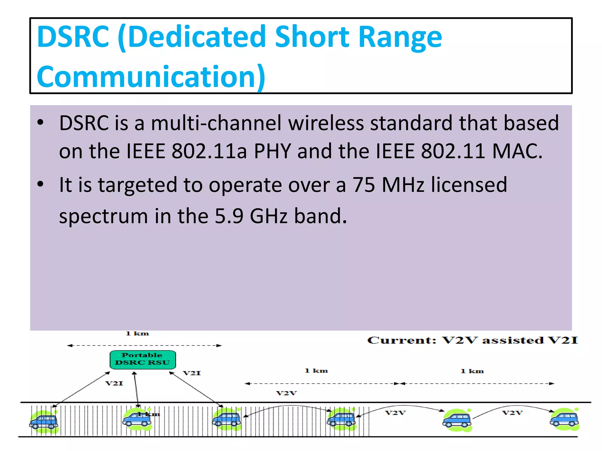 • DSRC is a multi-channel wireless standard that based
on the IEEE 802.11a PHY and the IEEE 802.11 MAC.
• It is targeted to operate over a 75 MHz licensed
spectrum in the 5.9 GHz band.
DSRC (Dedicated Short Range
Communication)
 