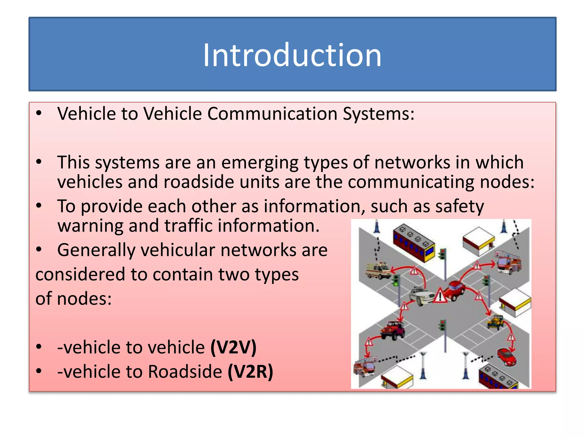 • Vehicle to Vehicle Communication Systems:
• This systems are an emerging types of networks in which
vehicles and roadside units are the communicating nodes:
• To provide each other as information, such as safety
warning and traffic information.
• Generally vehicular networks are
considered to contain two types
of nodes:
• -vehicle to vehicle (V2V)
• -vehicle to Roadside (V2R)
Introduction
 