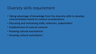 Diversity skills requirement
• Taking advantage of knowledge from the diversity skills to develop
communication based on cultural considerations
• Educating and motivating staffs, enforcers, stakeholders
• Establishment of cultural network
• Knowing cultural assumptions
• Knowing cultural assimilation.
 