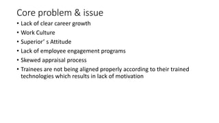 Core problem & issue
• Lack of clear career growth
• Work Culture
• Superior’ s Attitude
• Lack of employee engagement programs
• Skewed appraisal process
• Trainees are not being aligned properly according to their trained
technologies which results in lack of motivation
 